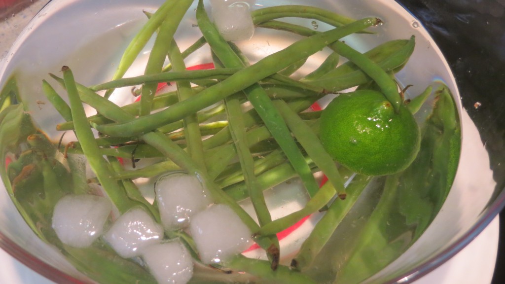 judías verdes cocidas introducidas en agua fría