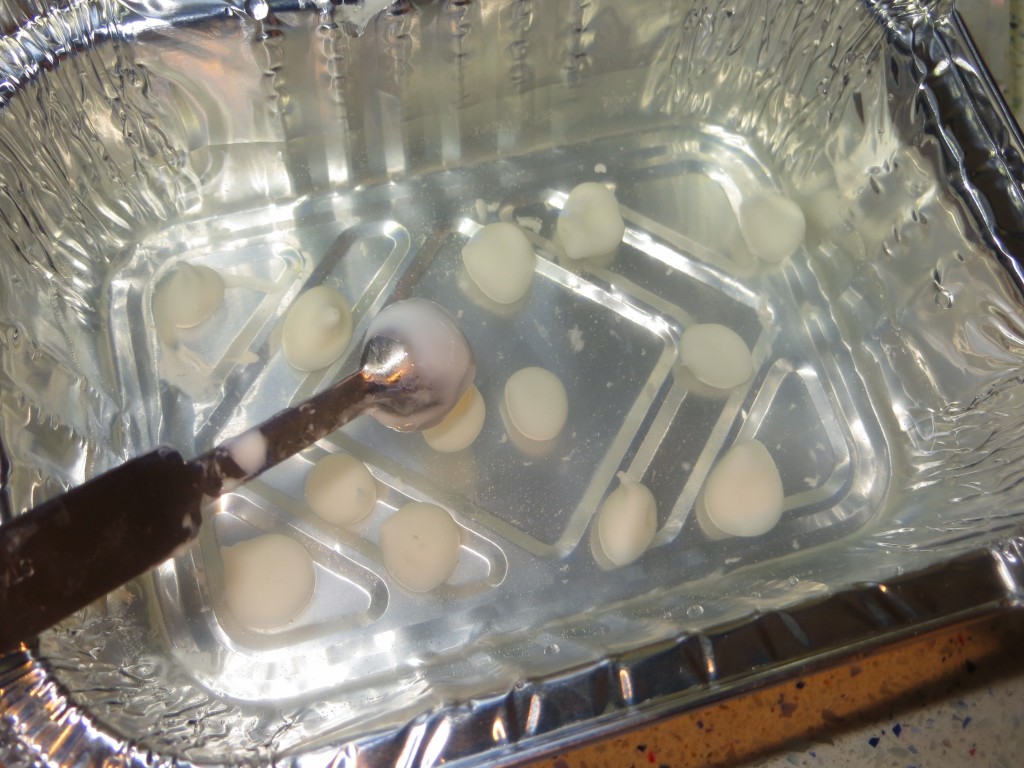 depositando la cuchara de yogur en la disolución de alginato